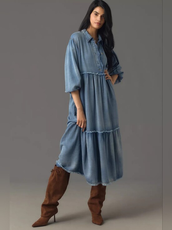 Anthropologie Dresses & Skirts - Anthropologie 100% Cotton Chambray Tiered Maxi Dress in Light Blue Size L